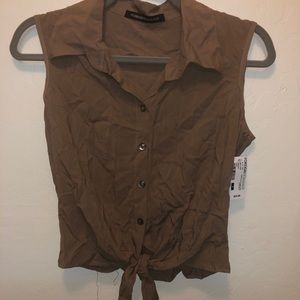 Mocha Front Tie Crop Button Down